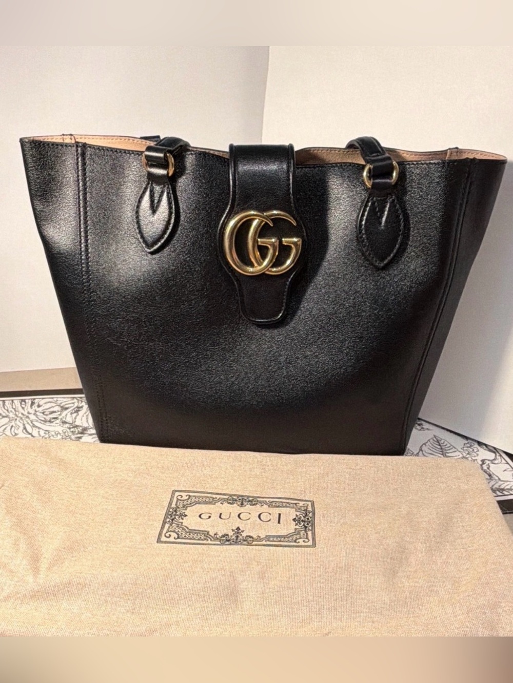 Gucci Black Leather Tote with Gold GG Hardware